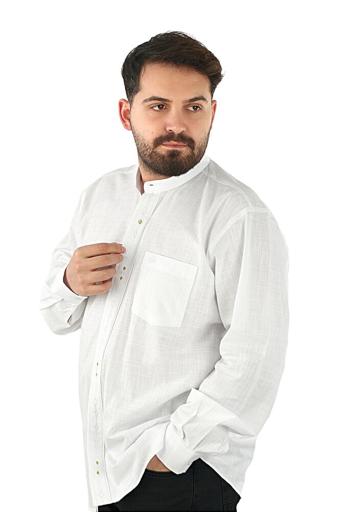 ikranur%20Hakim%20Yaka%20%100%20Pamuk%20Ensar%20Gömlek%20Nakışlı%20Uzun%20Kollu%20Beyaz%20