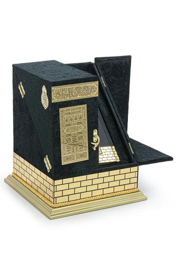 Kadife Kaplı Kabe Görünümlü Büyük Boy MDF Ahşap Maket Kuranı Kerim Seti